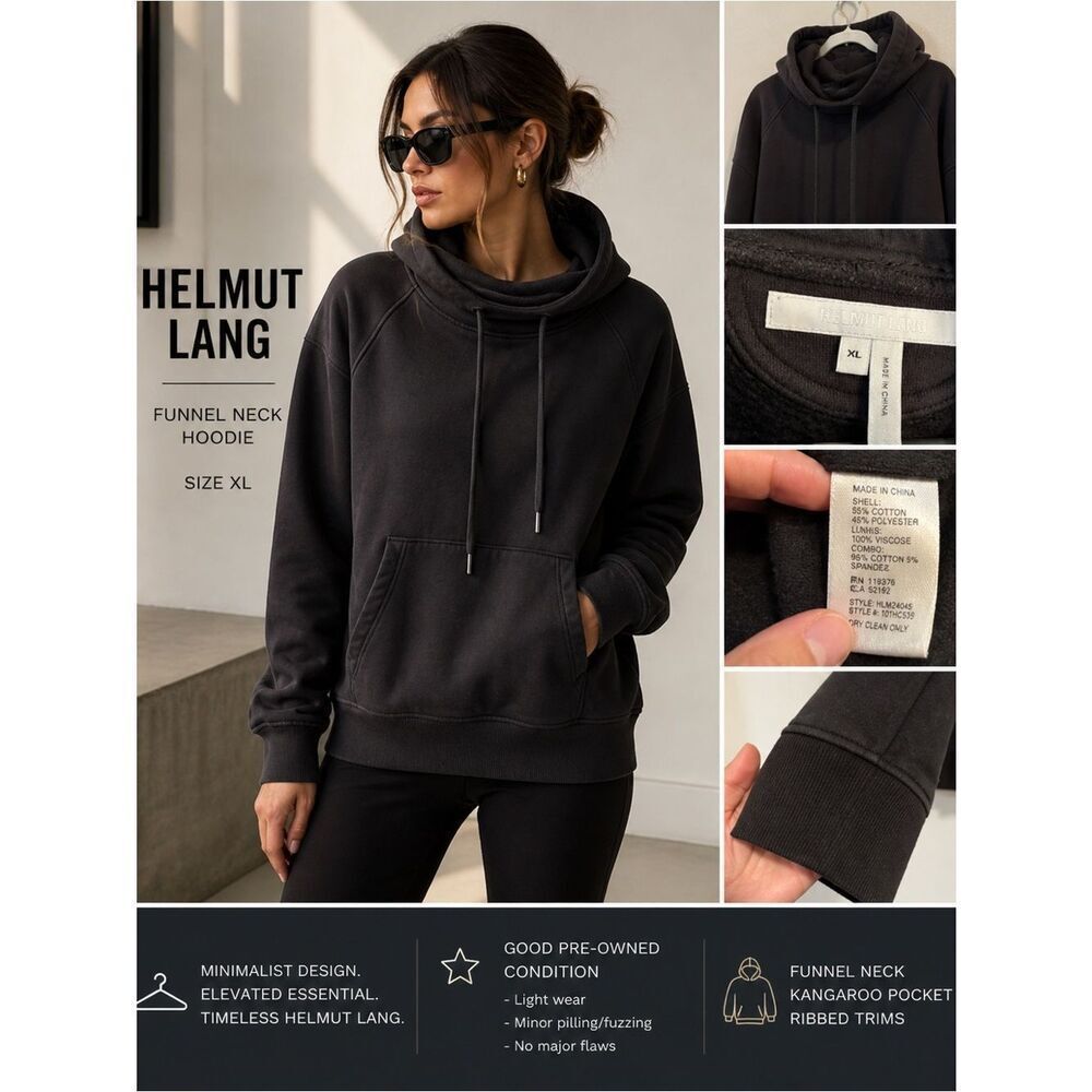 Helmut Lang Black Funnel Neck Hoodie Sweatshirt Size XL